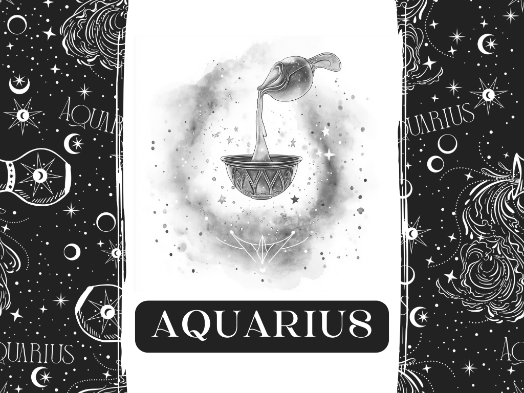 Aquarius zodiac sign traits expressed through intuitive, visionary energy - a black and white picture of a bowl of water pouring into a bowl