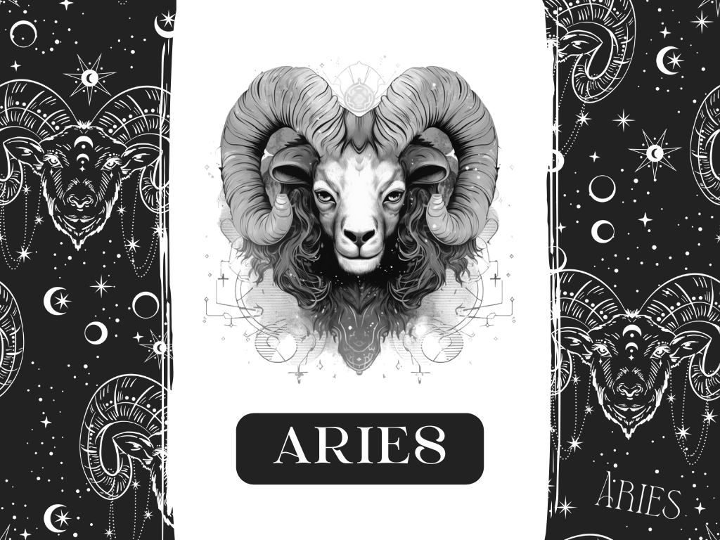a black and white picture of a ram with horns -- Cosmic by Design - aries