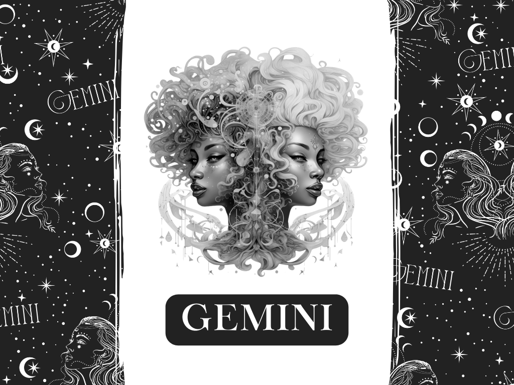 Black and white Gemini zodiac illustration featuring twin feminine profiles, celestial patterns, stars, moons, and the word Gemini.