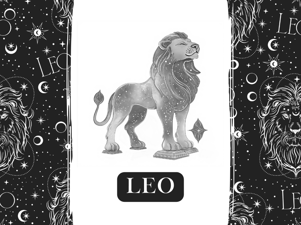 Black and white Leo zodiac illustration featuring a proud, cosmic lion standing on books, with a star motif background and the word LEO. Symbolizes Leo confidence, leadership, and creative power. Cosmic by Design